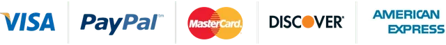 Payment logos: Visa, PayPal, Mastercard, Discover and American Express
