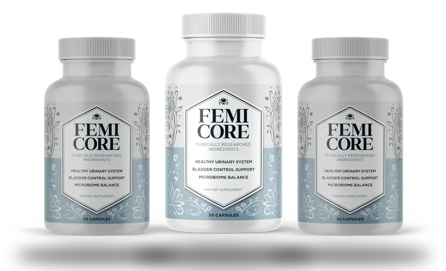 Three white FemiCore bottles side by side