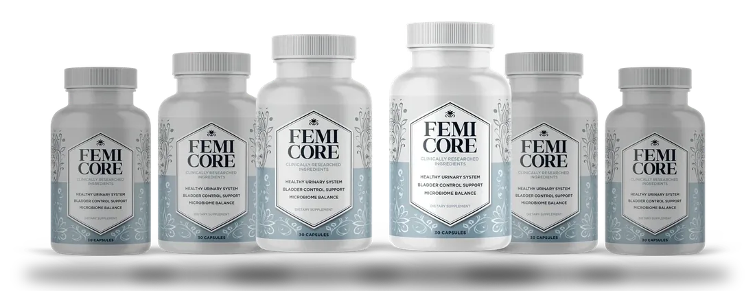 Six white FemiCore bottles in a row