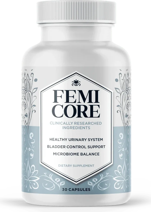 A white FemiCore bottle: a hexagon panel reading FEMI CORE, Clinically Researched Ingredients, Healthy Urinary System, Bladder Control Support, Microbiome Balance, 30 capsules
