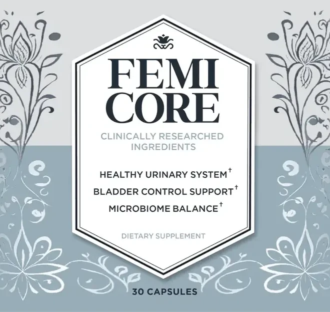 The FemiCore label front: a hexagon panel reading FEMI CORE, Clinically Researched Ingredients, Healthy Urinary System, Bladder Control Support, Microbiome Balance, Dietary Supplement, 30 capsules