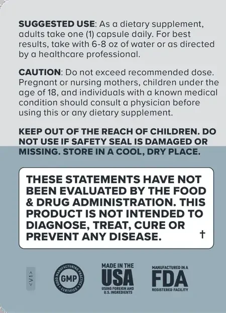 The left panel of the FemiCore label: suggested use, caution, keep out of reach of children, the FDA statement box and the GMP, Made in the USA and FDA registered facility marks