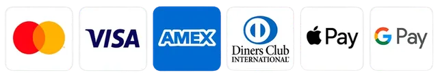 Payment logos: Mastercard, Visa, American Express, Diners Club, Apple Pay and Google Pay