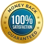 A gold round badge reading 100% satisfaction guaranteed