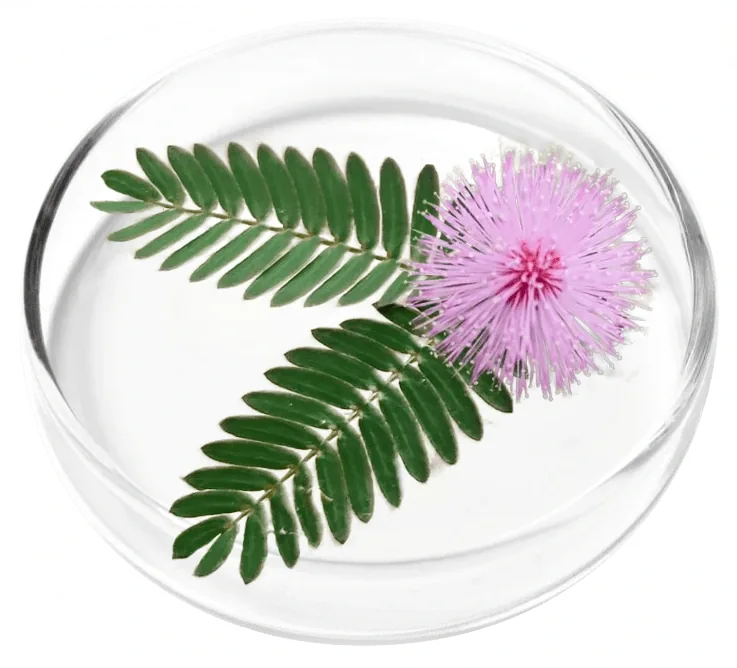 Vendor illustration: a mimosa leaf and pink flower in a petri dish
