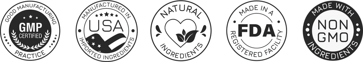 A strip of five round badges: GMP certified, made in USA, natural ingredients, FDA registered facility, non-GMO