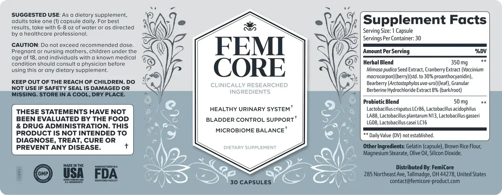 The flat FemiCore label: suggested use, caution and the FDA box on the left; the FEMI CORE hexagon panel with three claims in the middle; Supplement Facts on the right